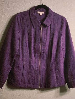 Coldwater Creek Purple Textured Jaquard Floral Zip-Front Jacket - Size 16